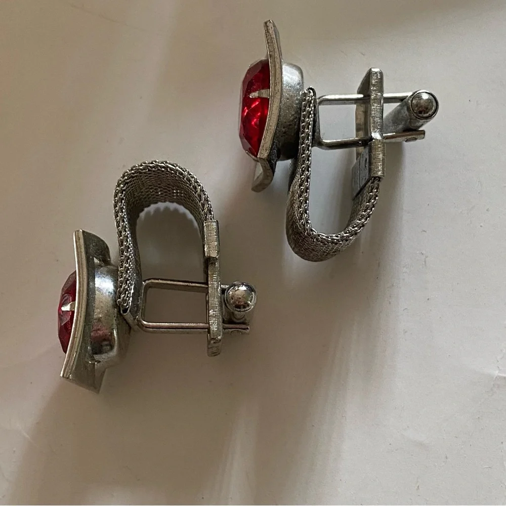 Silver And Red Cuff Links Vintage